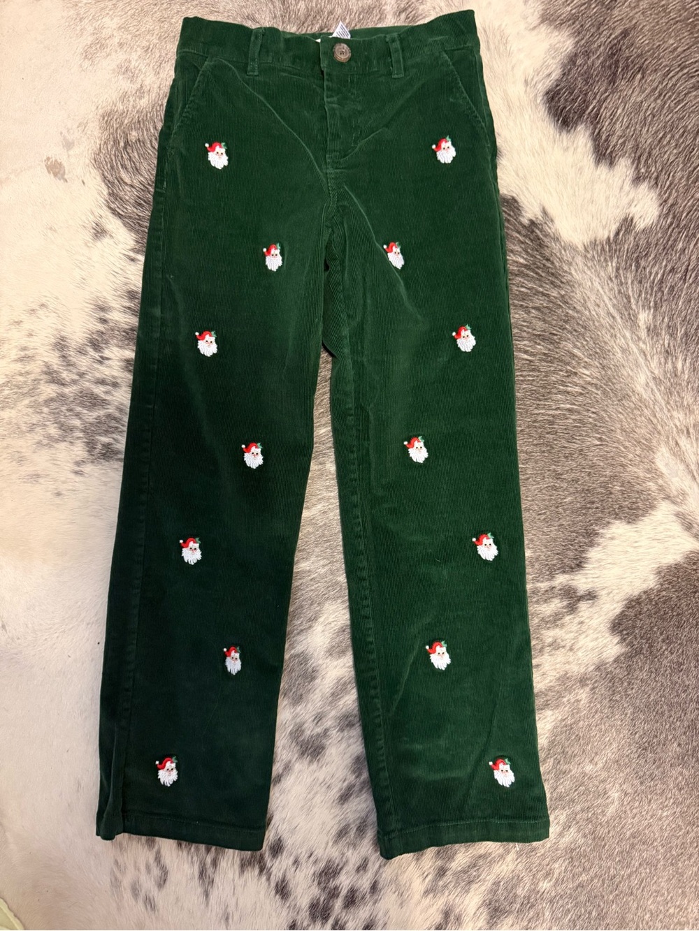 The Beaufort Bonnet Company Boys Dark Green Corduroy Pants with Santa Embroidery